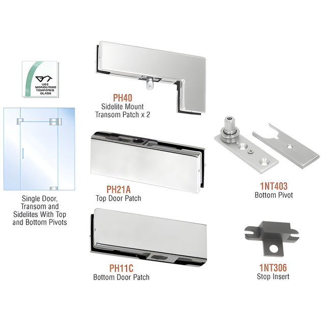 CRL Brushed Stainless European Patch Door Kit for Use with Fixed Transom and Two Sidelites - Without Lock