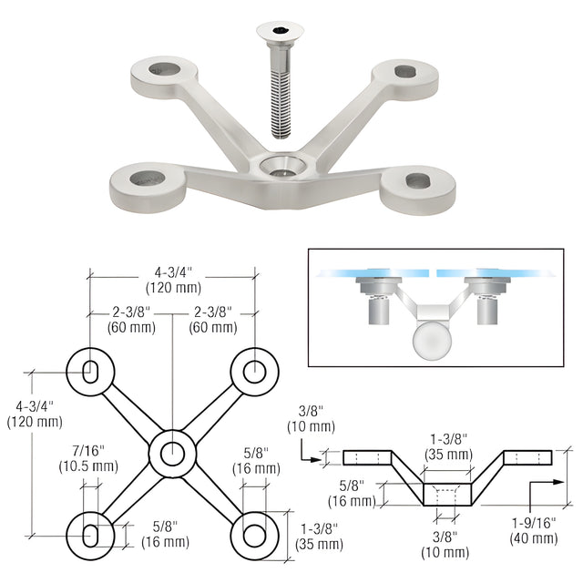 CRL Brushed Stainless Four Arm Spider Fitting 'V' Post Mount