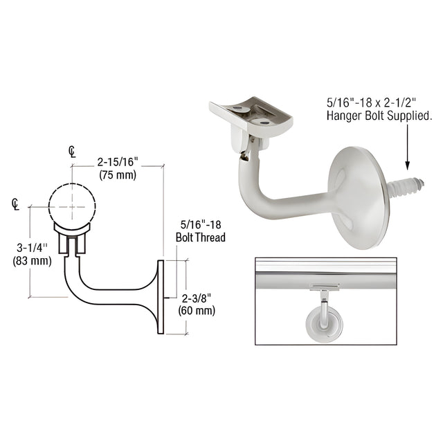 CRL Brushed Stainless La Jolla Series Wall Mounted Hand Rail Bracket for 1.9" to 2" Hand Rail Tubing