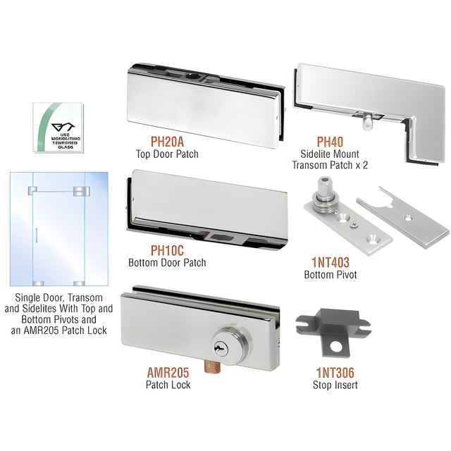 CRL Brushed Stainless North American Patch Door Kit for Use with Fixed Transom and Two Sidelites - With Lock