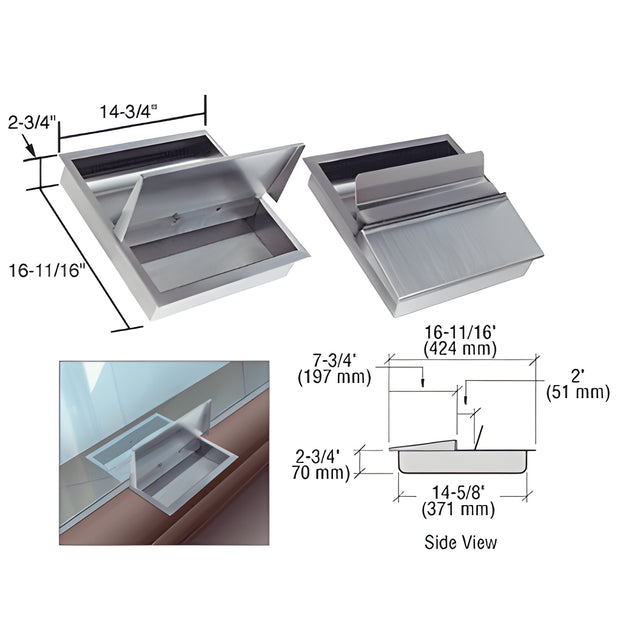 CRL Brushed Stainless Steel 14-3/4" Wide x 16-11/16" Deep x 2-3/4" High Recessed Deal Tray with Flip Lid