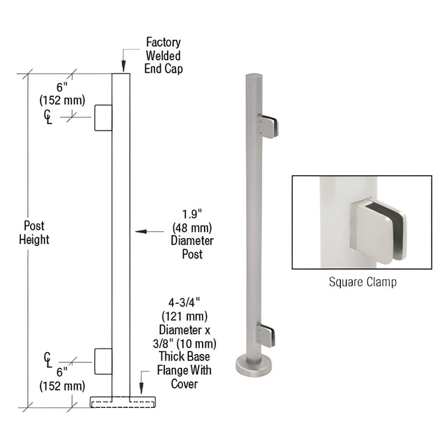 CRL Brushed Stainless Steel 36" Tall Round End Post Kit with Square Clamps