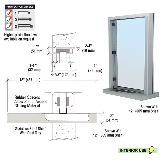 CRL Brushed Stainless Steel Frame Interior Glazed Exchange Window with 18" Shelf and Deal Tray