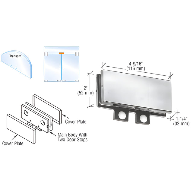 CRL Brushed Stainless Transom Mounted Connector with Two Reversible Door Stops