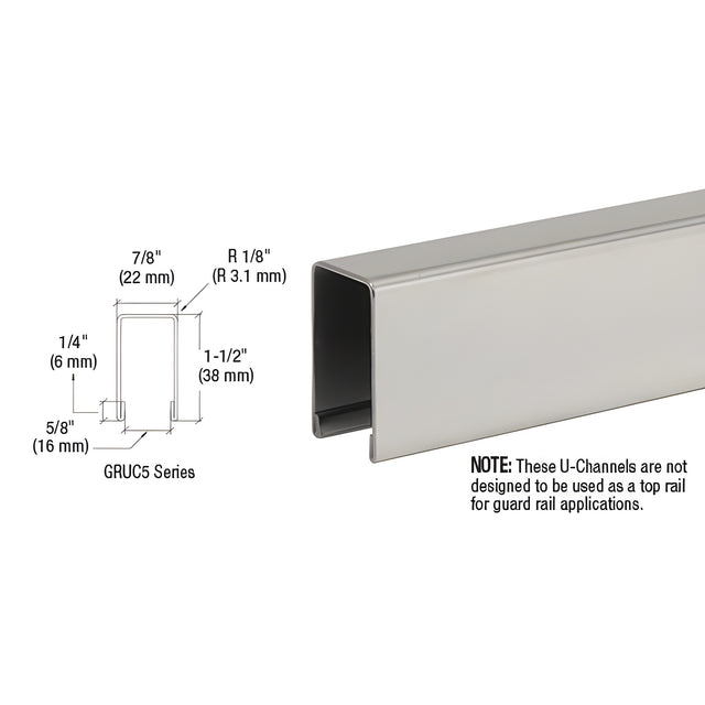 CRL Brushed Stainless U-Channel Cap for 1/2" or 5/8" Glass Custom Length