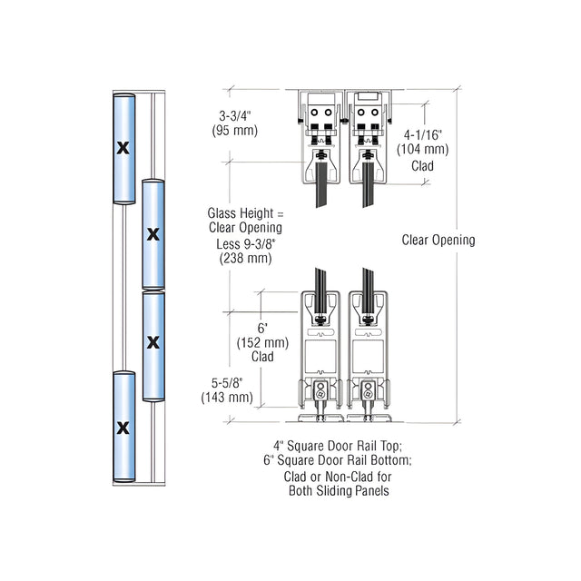 CRL Brushed Stainless XXXX Format Sliding Door Entrance System - 4" Square Top 6" Square Bottom Rail