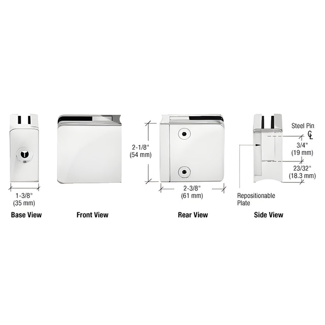 CRL Chrome Z-Series Square Type Radius Base Zinc Clamps for 3/8" and 1/2" Glass with Repositionable Plate