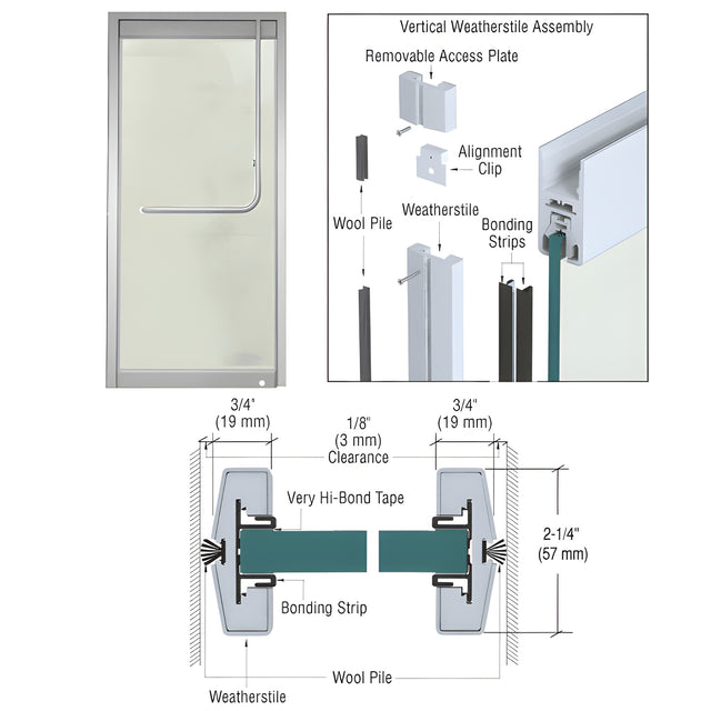 CRL Custom Brushed Stainless Vertical Weatherstile Kits for 3/4" Glass Single Doors