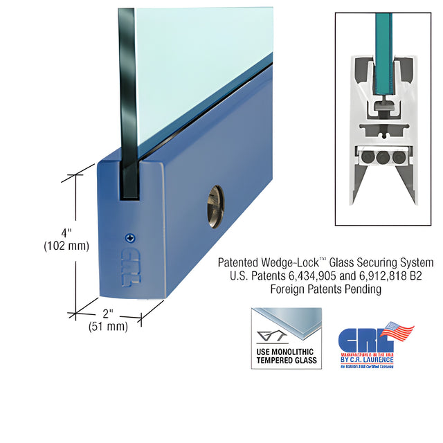 CRL Custom Color 1/2" Glass 4" Square Door Rail With Lock - Custom Length