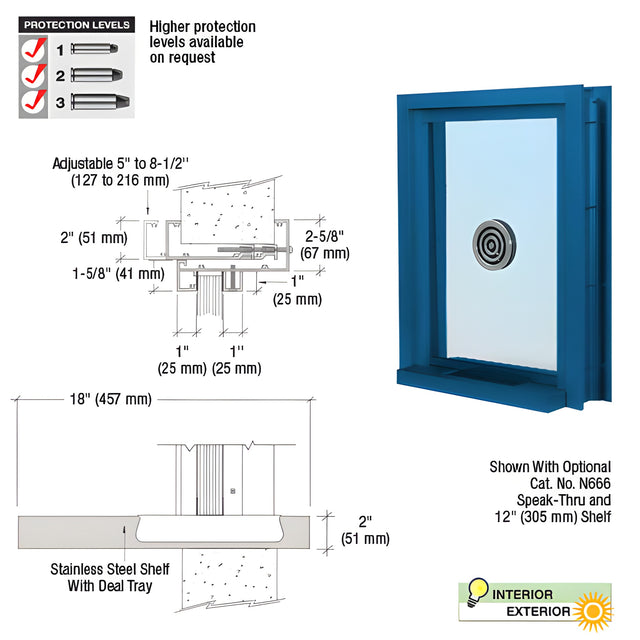CRL Custom Powder Painted (Specify) Aluminum Clamp-On Frame Exterior Glazed Exchange Window with 18" Shelf and Deal Tray