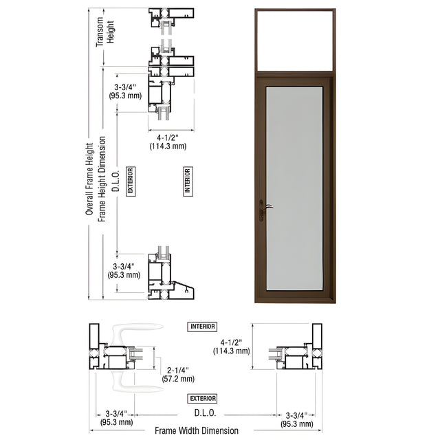 CRL Custom Series 925 Class I Bronze Black Anodized Hinged Left Swing Out Patio Single Door with Transom Frame, 10" Bottom Rail, and Low Profile Threshold