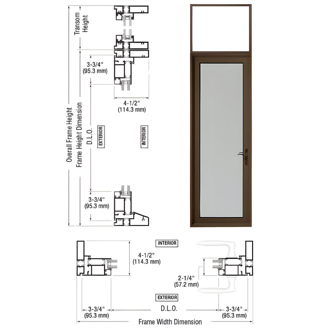 CRL Custom Series 925 Class I Bronze Black Anodized Hinged Right Swing Out Patio Single Door with Transom Frame, 3-3/4" Bottom Rail and Low Profile Threshold