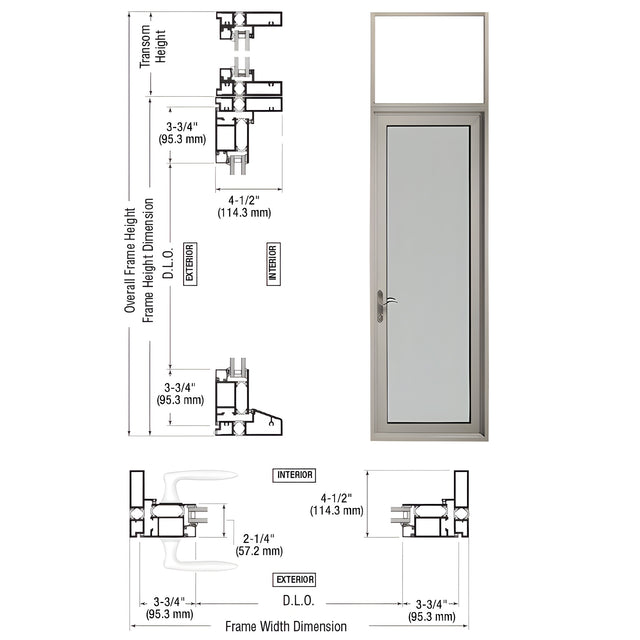 CRL Custom Series 925 Class ll Clear Anodized Hinged Left Swing Out Patio Single Door with Transom Frame, 3-5/16" Bottom Rail, and Low Profile Threshold