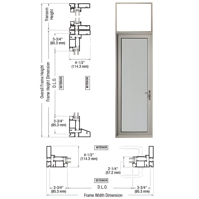 CRL Custom Series 925 Class ll Clear Anodized Hinged Right Swing Out Patio Single Door with Transom Frame, 3-3/4" Bottom Rail and Low Profile Threshold
