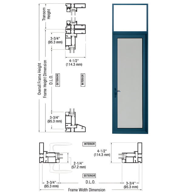 CRL Custom Series 925 Custom KYNAR® Paint Hinged Left Swing Out Patio Single Door with Transom Frame, 10" Bottom Rail, and Low Profile Threshold