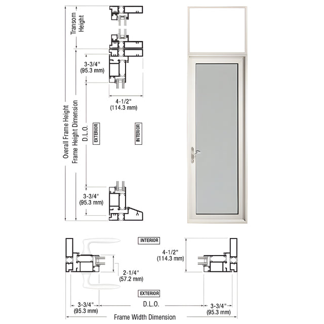 CRL Custom Series 925 White KYNAR® Paint Hinged Left Swing Out Patio Single Door with Transom Frame, 3-5/16" Bottom Rail, and Low Profile Threshold