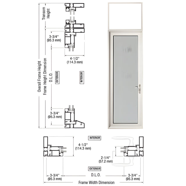 CRL Custom Series 925 White KYNAR® Paint Hinged Right Swing Out Patio Single Door with Transom Frame, 3-3/4" Bottom Rail and Low Profile Threshold