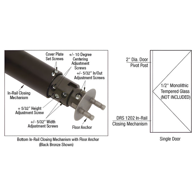 CRL DRS Black Bronze 1202 Custom Size Pivoting Single Hold Open Door with Force 3 Closer for 1/2" Glass