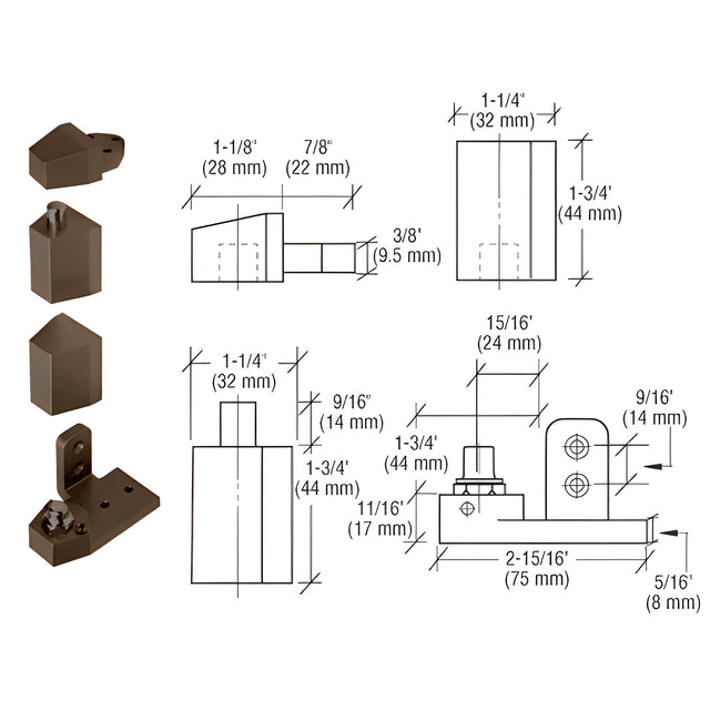 CRL Dark Bronze Offset Right Hand Pivot Set with 1/8" Recess