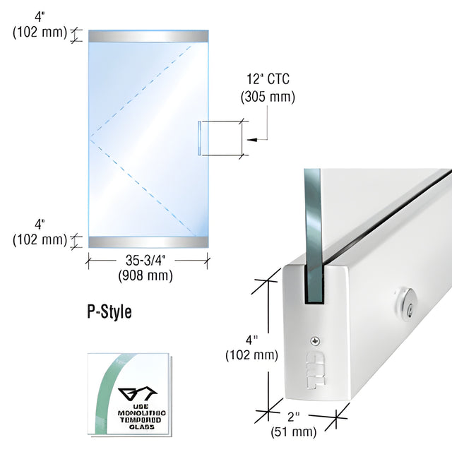 CRL Dry Glazed Frameless Glass 3'-0" P-Style Polished Stainless Single Door Only Kit - with Lock