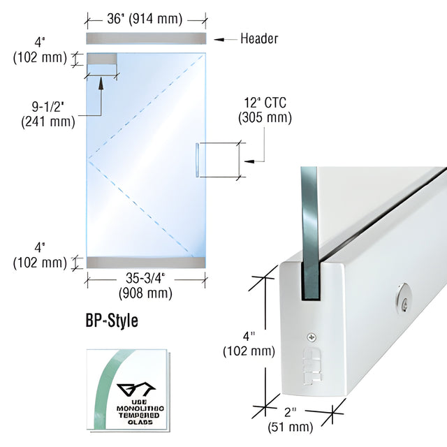 CRL Dry Glazed Frameless Glass 3' BP-Style Satin Anodized Single Door Complete Entrance Kit - with Lock
