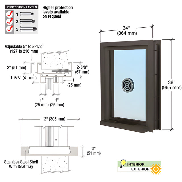 CRL Duranodic Bronze Anodized 34" Wide x 38" High Bullet Resistant Clamp-On Exterior Window With Speak-Thru and Shelf With Deal Tray Protection Level 1