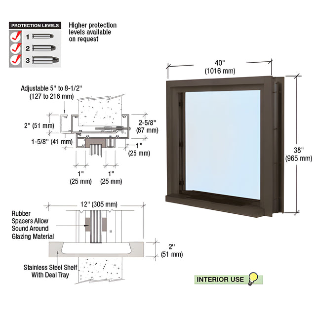 CRL Duranodic Bronze Anodized 40" Wide Bullet Resistant Interior Window with Surround and 12" Shelf with Deal Tray
