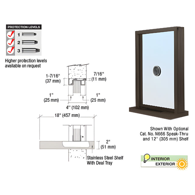 CRL Duranodic Bronze Anodized Aluminum Narrow Inset Frame Exterior Glazed Exchange Window with 18" Shelf and Deal Tray