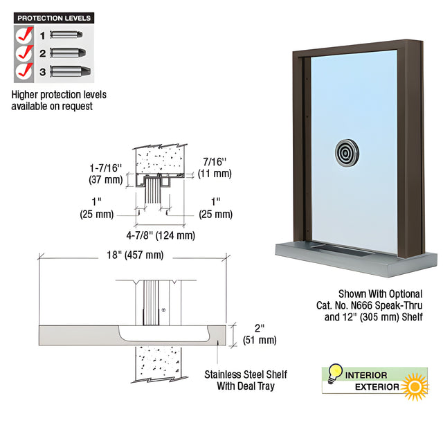 CRL Duranodic Bronze Anodized Aluminum Standard Inset Frame Exterior Glazed Exchange Window with 18" Shelf and Deal Tray