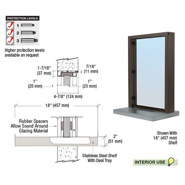 CRL Duranodic Bronze Anodized Aluminum Standard Inset Frame Interior Glazed Exchange Window with 18" Shelf and Deal Tray