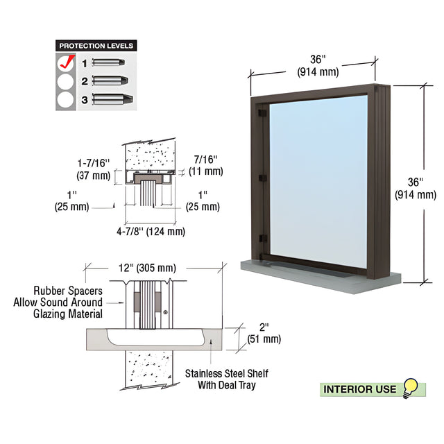 CRL Duranodic Bronze Anodized Bullet Resistant 36" Wide Interior Window with Surround Sound and Shelf with Deal Tray for 4-7/8" Thick Walls