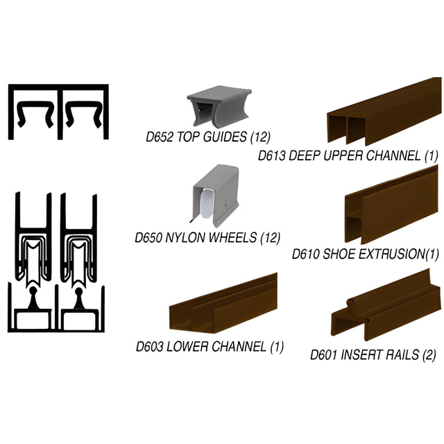 CRL Duranodic Bronze Anodized Deluxe Track Assembly D613 Upper and D601 Rail with Nylon Wheels