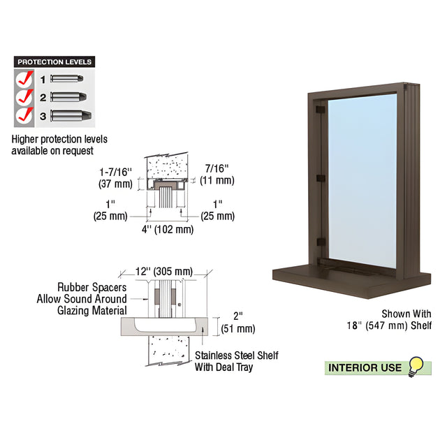 CRL Duranodic Bronze Anodized Narrow Inset Frame Interior Glazed Exchange Window with 12" Shelf and Deal Tray