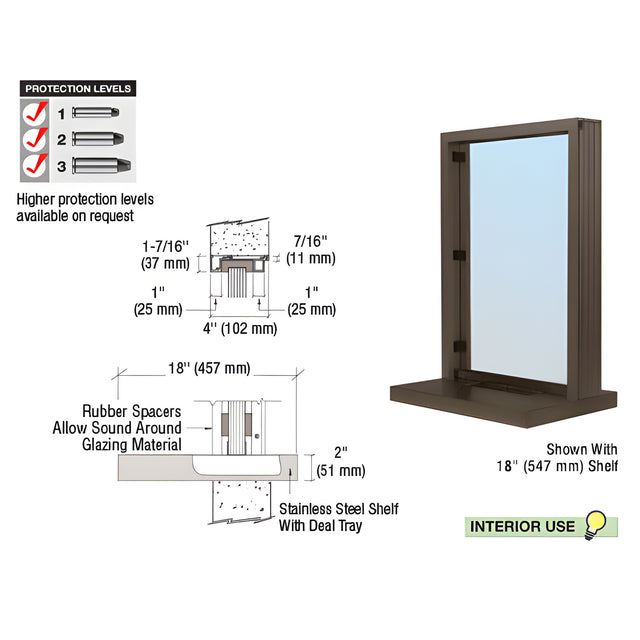 CRL Duranodic Bronze Anodized Narrow Inset Frame Interior Glazed Exchange Window with 18" Shelf and Deal Tray