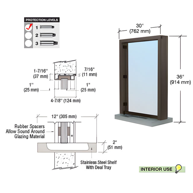 CRL Duranodic Bronze Bullet Resistant 30" Wide x 36" High Interior Window with Surround Sound and Shelf with Deal Tray for 4-7/8" Thick Walls