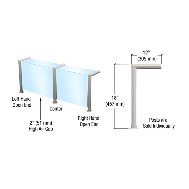 CRL Elegant Series Right Hand Open End Sneeze Guard for 3/8"(10mm) Glass, 18"High, 12" Shelf, 1-1/2" Diameter, 2" Air Gap