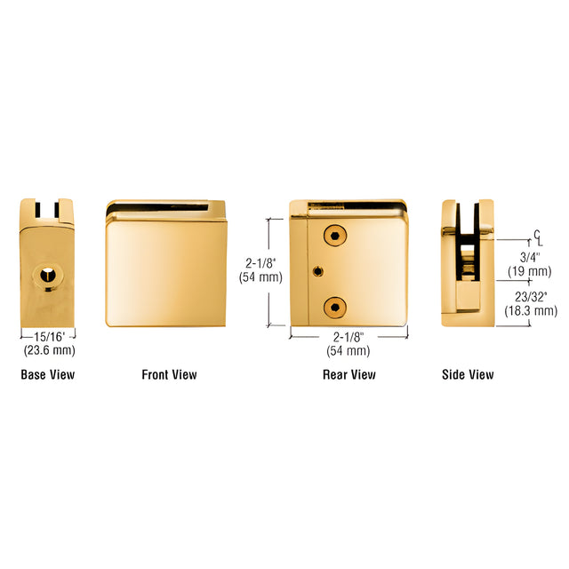 CRL Gold Plated Z-Series Square Type Flat Base Zinc Clamp for 1/4" and 5/16" Glass