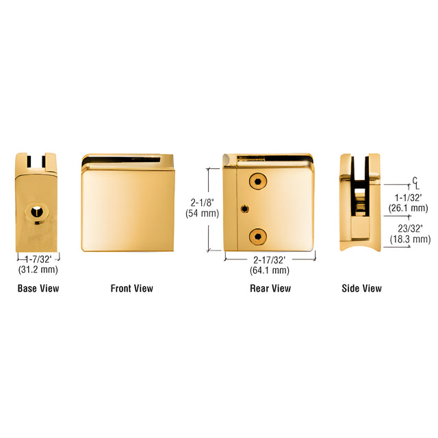 CRL Gold Plated Z-Series Square Type Radius Base Zinc Clamp for 1/2" Glass