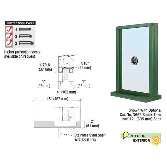CRL KYNAR® Painted (Specify) Aluminum Narrow Inset Frame Exterior Glazed Exchange Window with 18" Shelf and Deal Tray