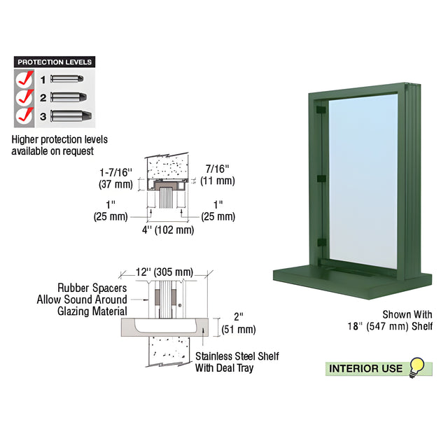 CRL KYNAR® Painted (Specify) Aluminum Narrow Inset Frame Interior Glazed Exchange Window with 12" Shelf and Deal Tray