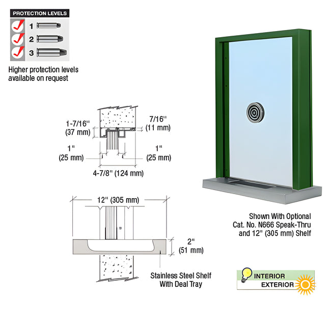 CRL KYNAR® Painted (Specify) Aluminum Standard Inset Frame Exterior Glazed Exchange Window with 12" Shelf and Deal Tray