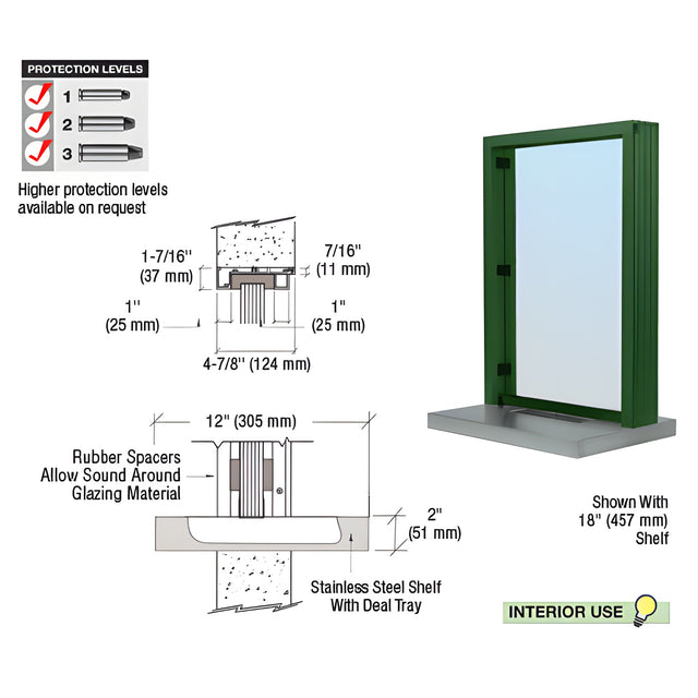 CRL KYNAR® Painted (Specify) Aluminum Standard Inset Frame Interior Glazed Exchange Window with 12" Shelf and Deal Tray