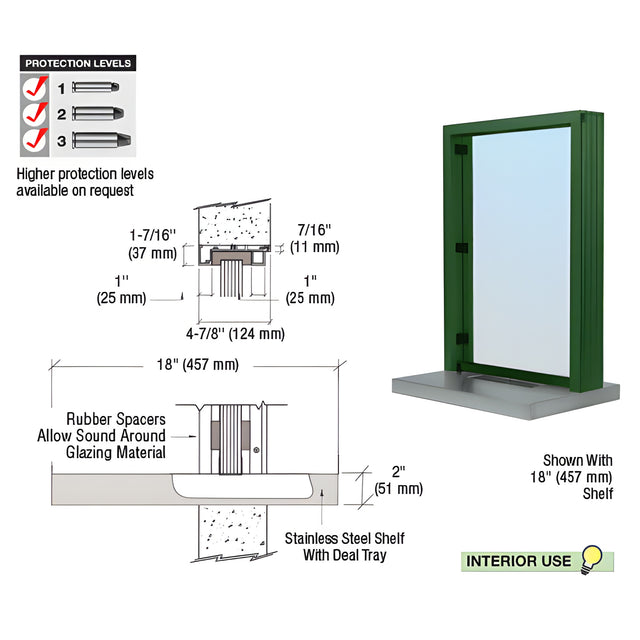 CRL KYNAR® Painted (Specify) Aluminum Standard Inset Frame Interior Glazed Exchange Window with 18" Shelf and Deal Tray