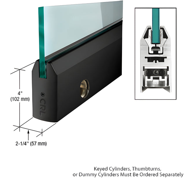 CRL Matte Black 1/2" Glass 4" Tapered Door Rail With Lock - 36-3/4" Length