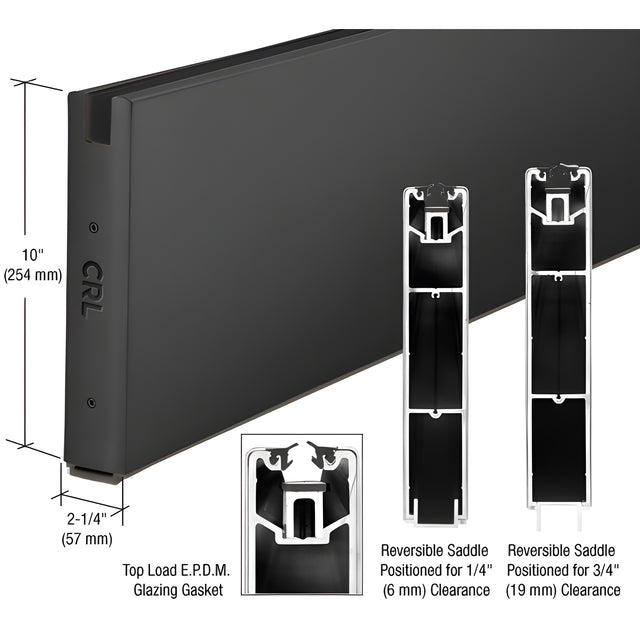 CRL Matte Black 10" Custom Length Square Sidelite Rail for 1/2" Glass