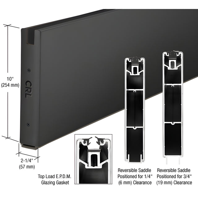 CRL Matte Black 10" Custom Length Square Sidelite Rail for 3/8" or 1/2" Glass