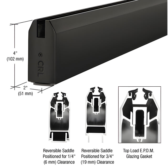 CRL Matte Black 4" Custom Length Tapered Sidelite Rail for 1/2" Glass