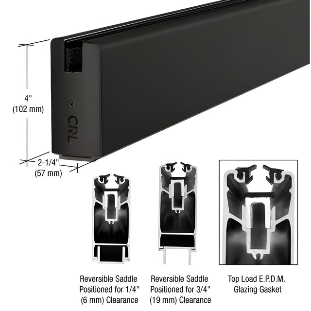 CRL Matte Black 4" x 120" Length Square Sidelite Rail