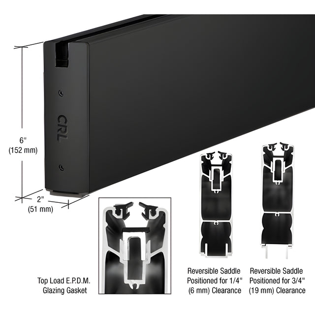 CRL Matte Black 6" Square Sidelite Rails for 1/2" Glass Custom Length