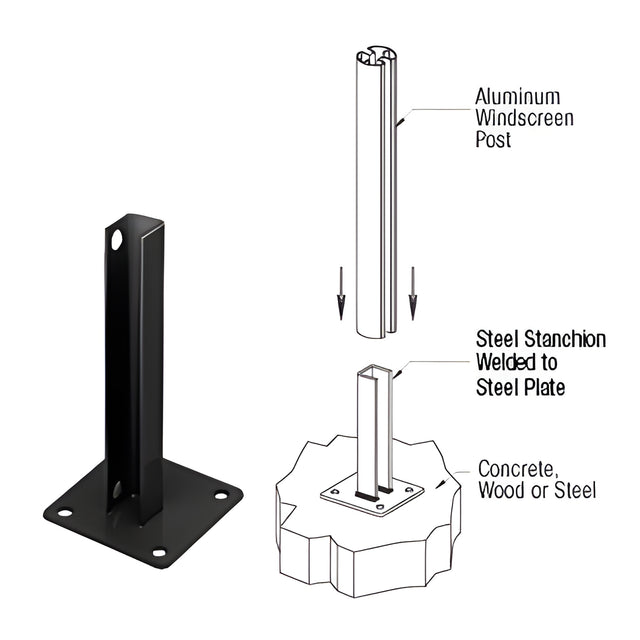 CRL Matte Black AWS Steel Stanchion for 180 Degree Round or Rectangular Center or End Posts